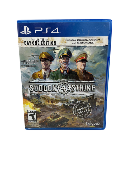 PS4 game console with 'Sudden Strike 4' packaging featuring three military figures on a blue background.