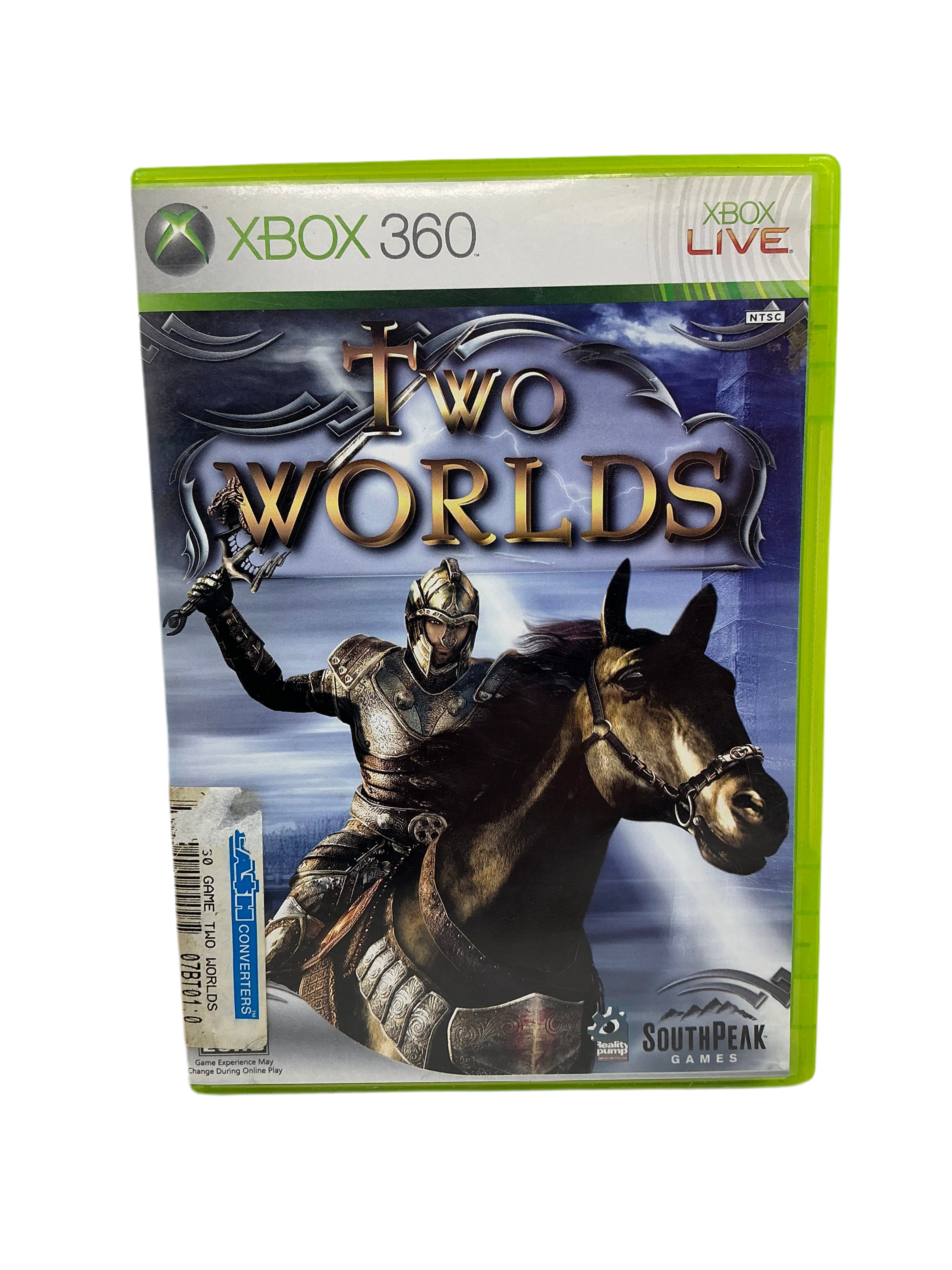 Xbox 360 game case for 'Two Worlds' with a knight and horse illustration on the cover.