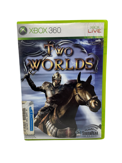 Xbox 360 game case for 'Two Worlds' with a knight and horse illustration on the cover.