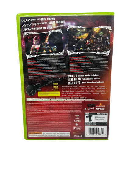 Back cover of Guitar Hero 3 Legends of Rock game case for XBox 360 on a transparent background.