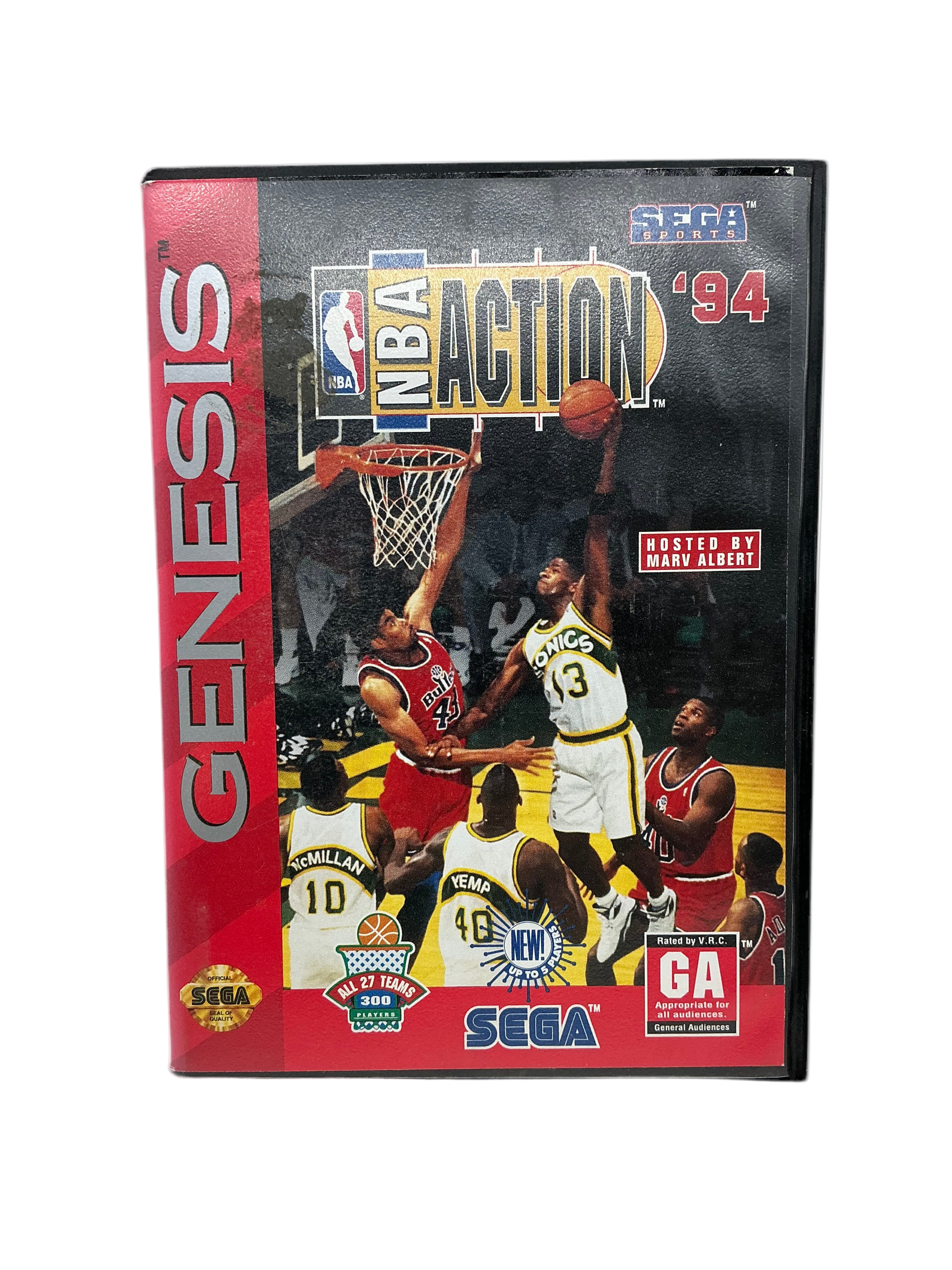 Sega Genesis NBA Action '94 game cartridge with basketball players on the cover.