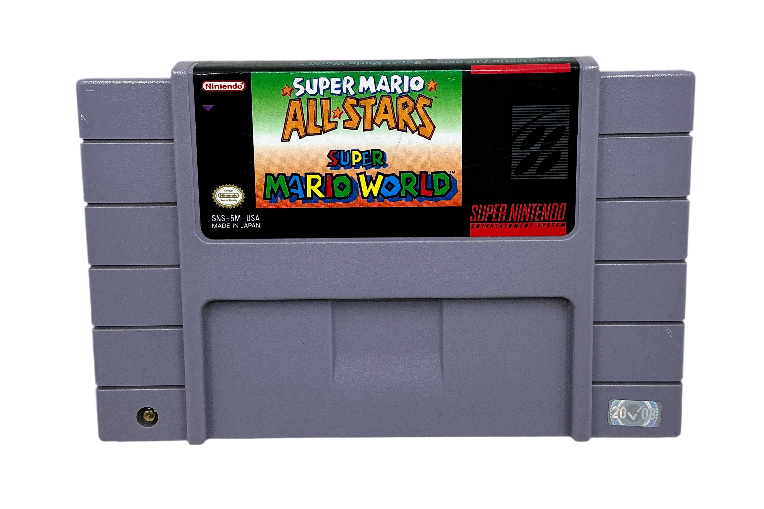 Super Nintendo Entertainment System game cartridge for 'Super Mario All-Stars' on a white background