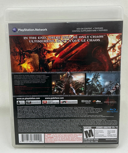 Back of God of War 3 game case for Playstation 3 on a white background.