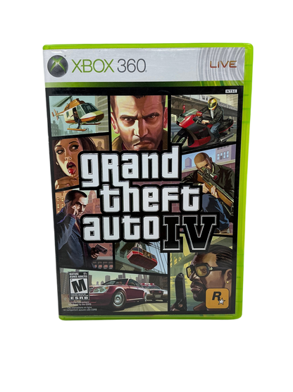 Front cover of Grand Theft Auto 4 game case for XBox 360 on a transparent background.