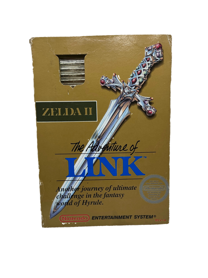 Box of 'The Legend of Zelda II: The Adventure of Link' for Nintendo Entertainment System with a sword on top.