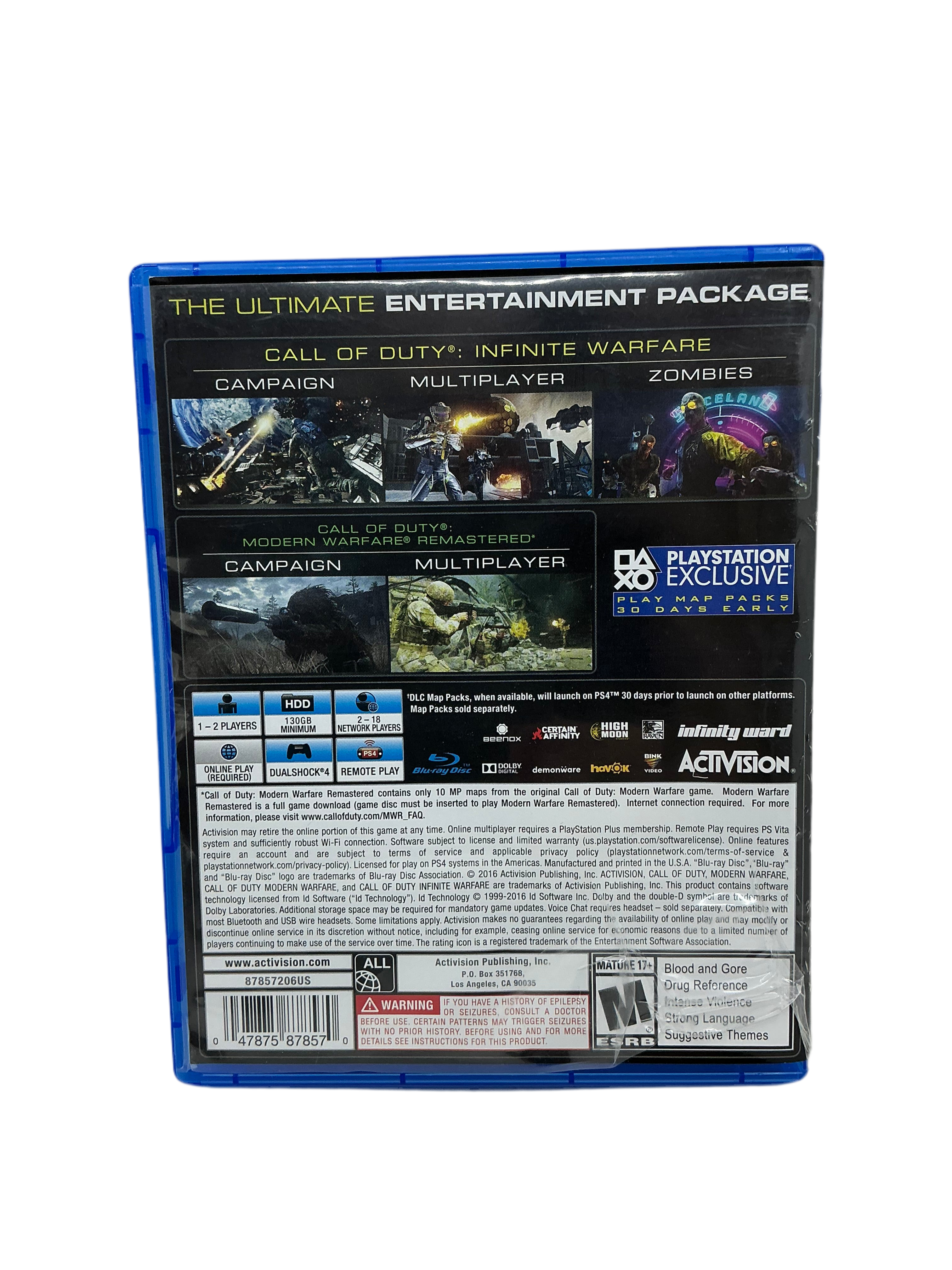 Back cover of a 'Call of Duty: Infinite Warfare' game disc with PlayStation branding.