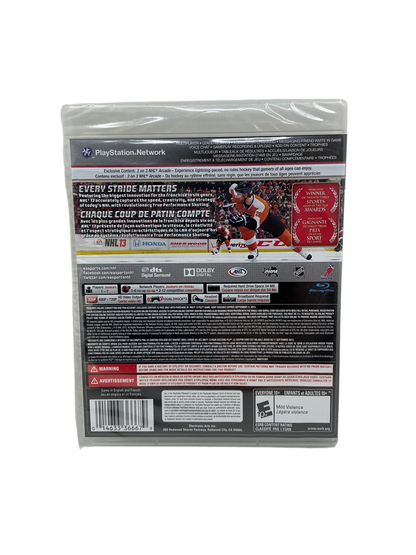Back cover of the NHL 13 game disc for Playstation 3 on a transparent background.
