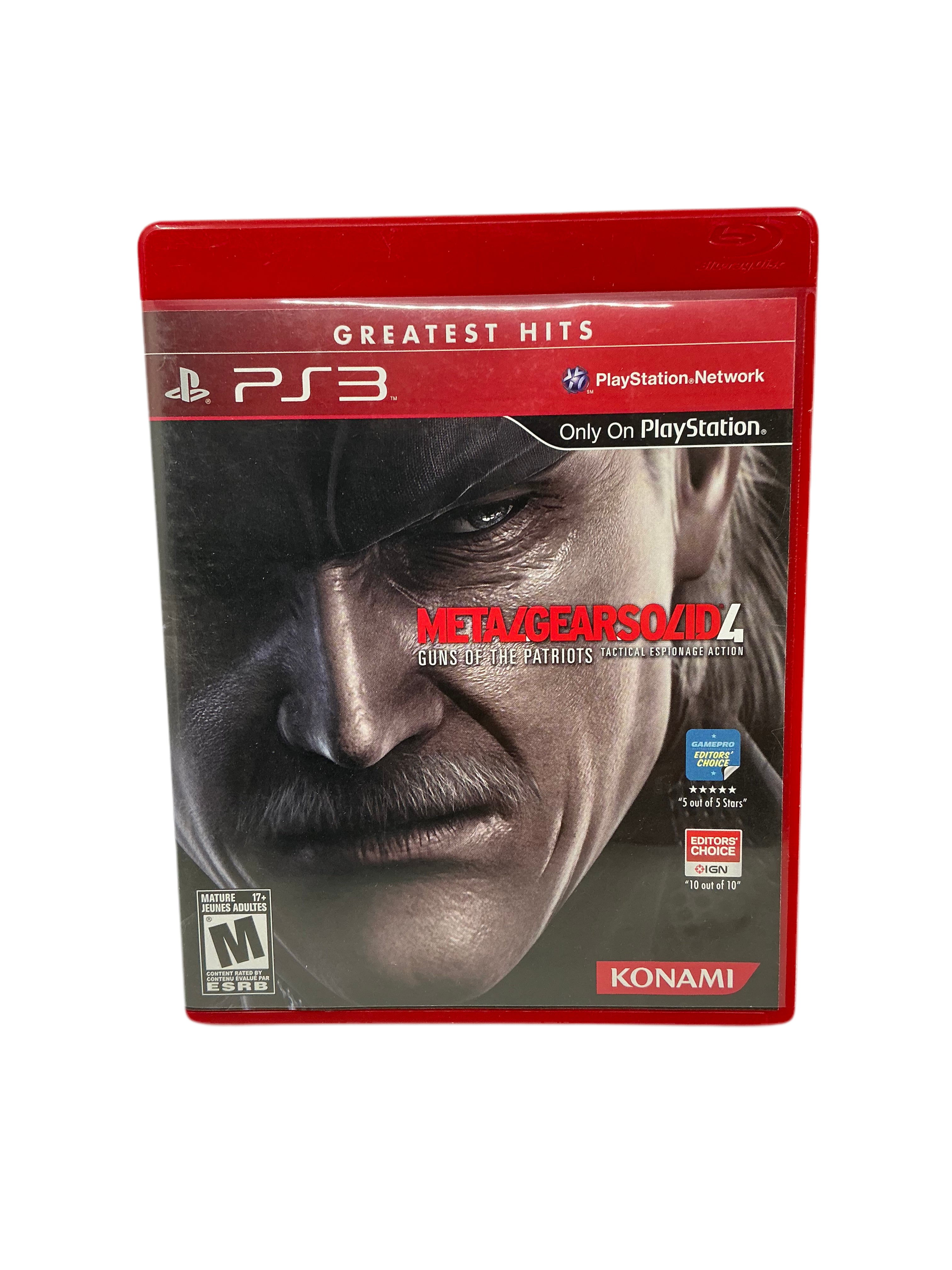 PlayStation 3 game case for 'Metal Gear Solid 4' with Konami logo.