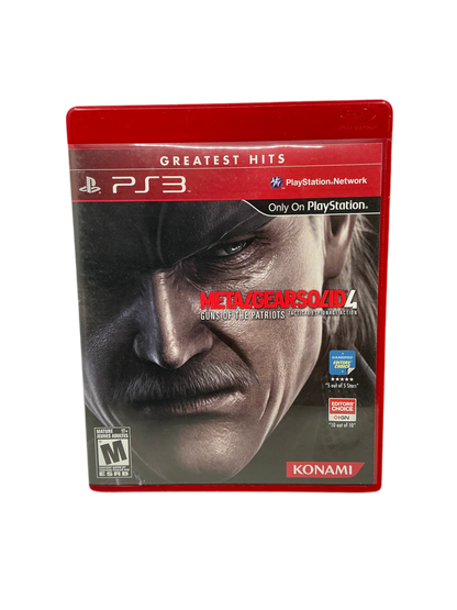 PlayStation 3 game case for 'Metal Gear Solid 4' with Konami logo.