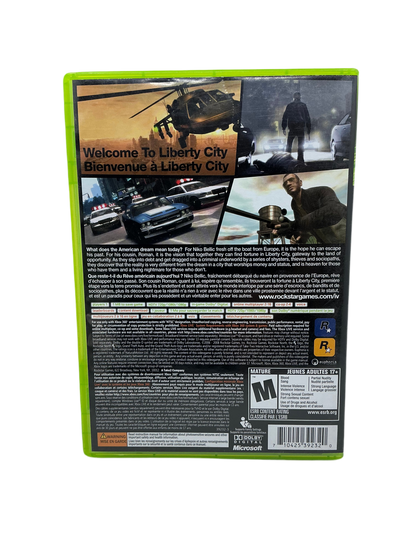Back cover of Grand Theft Auto 4 game case for XBox 360 on a transparent background.