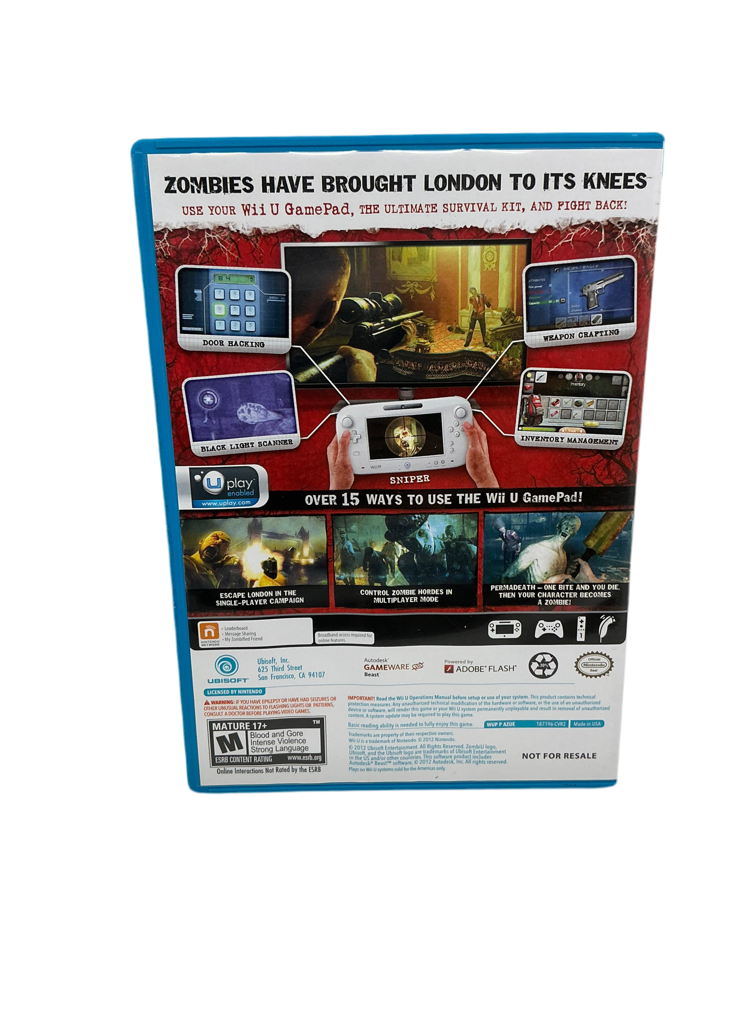 Back cover of ZombiU video game packaging with text and graphics on a transparent background