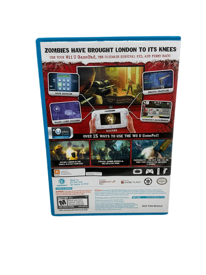 Back cover of ZombiU video game packaging with text and graphics on a transparent background