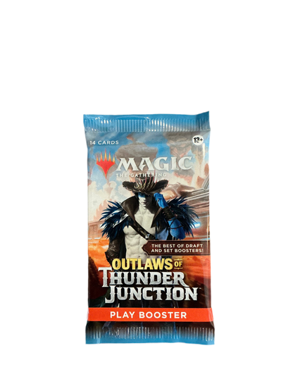 A booster pack of Magic the Gathering Outlaws of Thunder Junction featuring a bare-chested man wearing a plumed jacket and spiked cowboy hat.