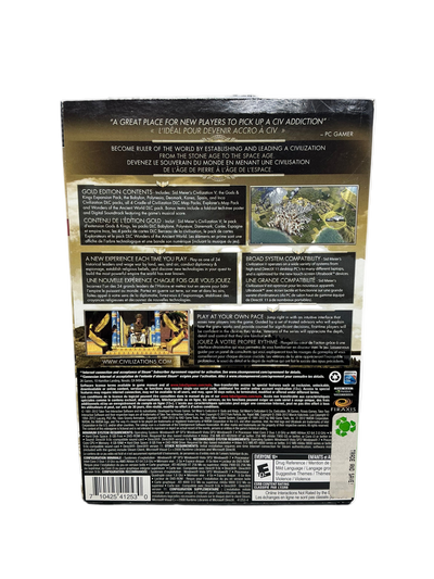 Back cover of a Civilization 5 video game box with text and graphics on a white background