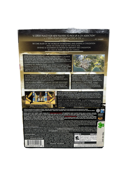 Back cover of a Civilization 5 video game box with text and graphics on a white background