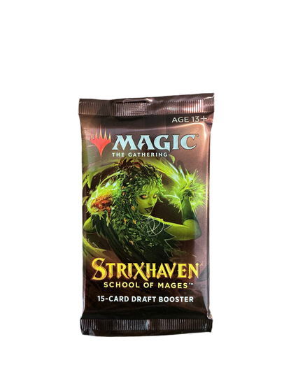 A booster pack of Magic the Gathering Strixhaven School of Mages with a driad casting a green spell on the pack art.