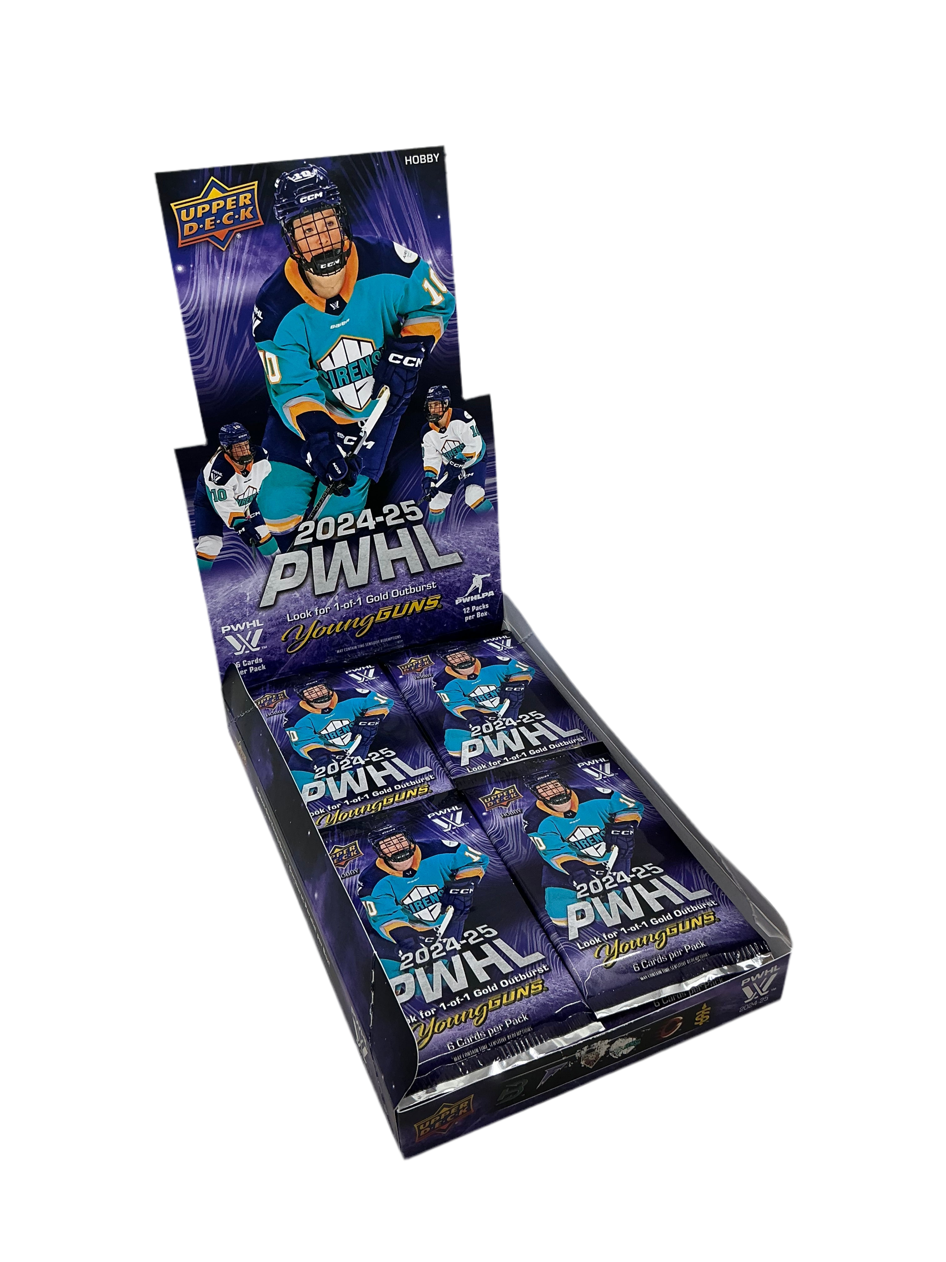 An open booster box of PWHL 2025 hockey cards with 12 packs inside.