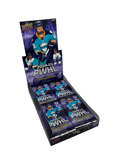 An open booster box of PWHL 2025 hockey cards with 12 packs inside.