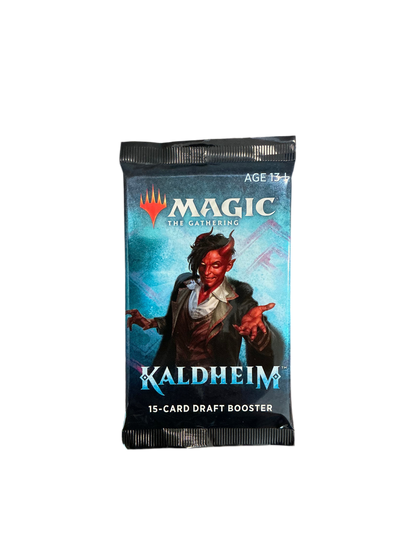 A single draft booster pack of Magic the Gathering Kaldheim with a red-skinned horned man on the front.
