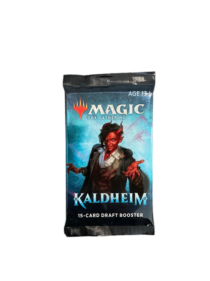A single draft booster pack of Magic the Gathering Kaldheim with a red-skinned horned man on the front.