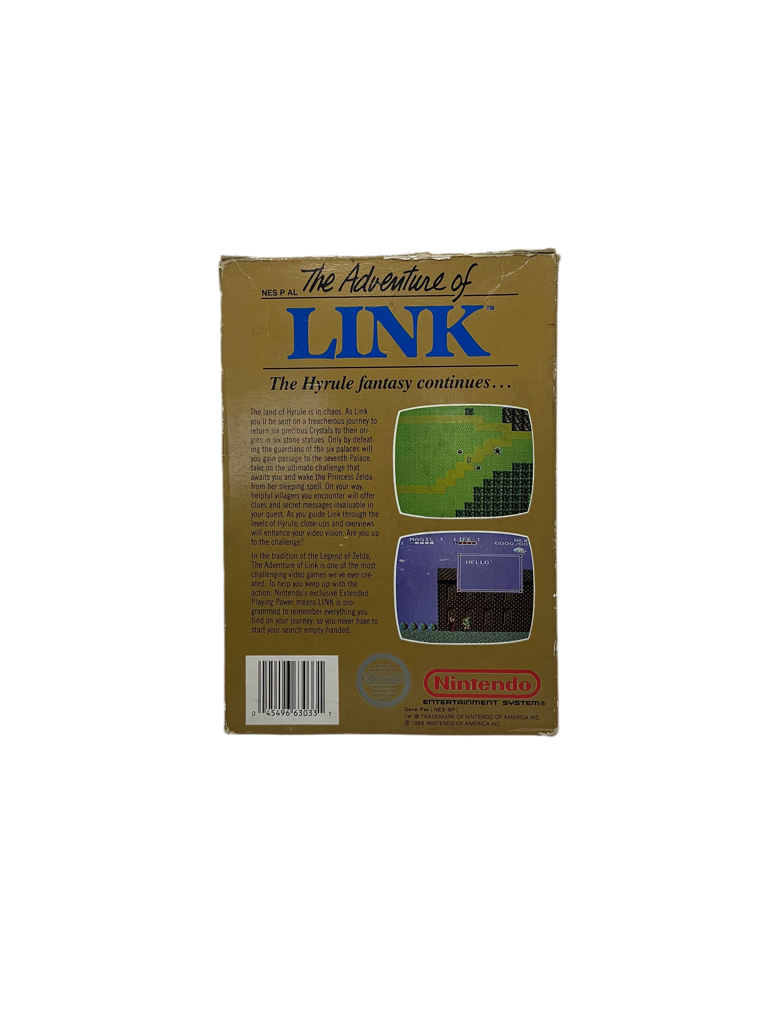 Back cover of game box for The Adventure of Link. 