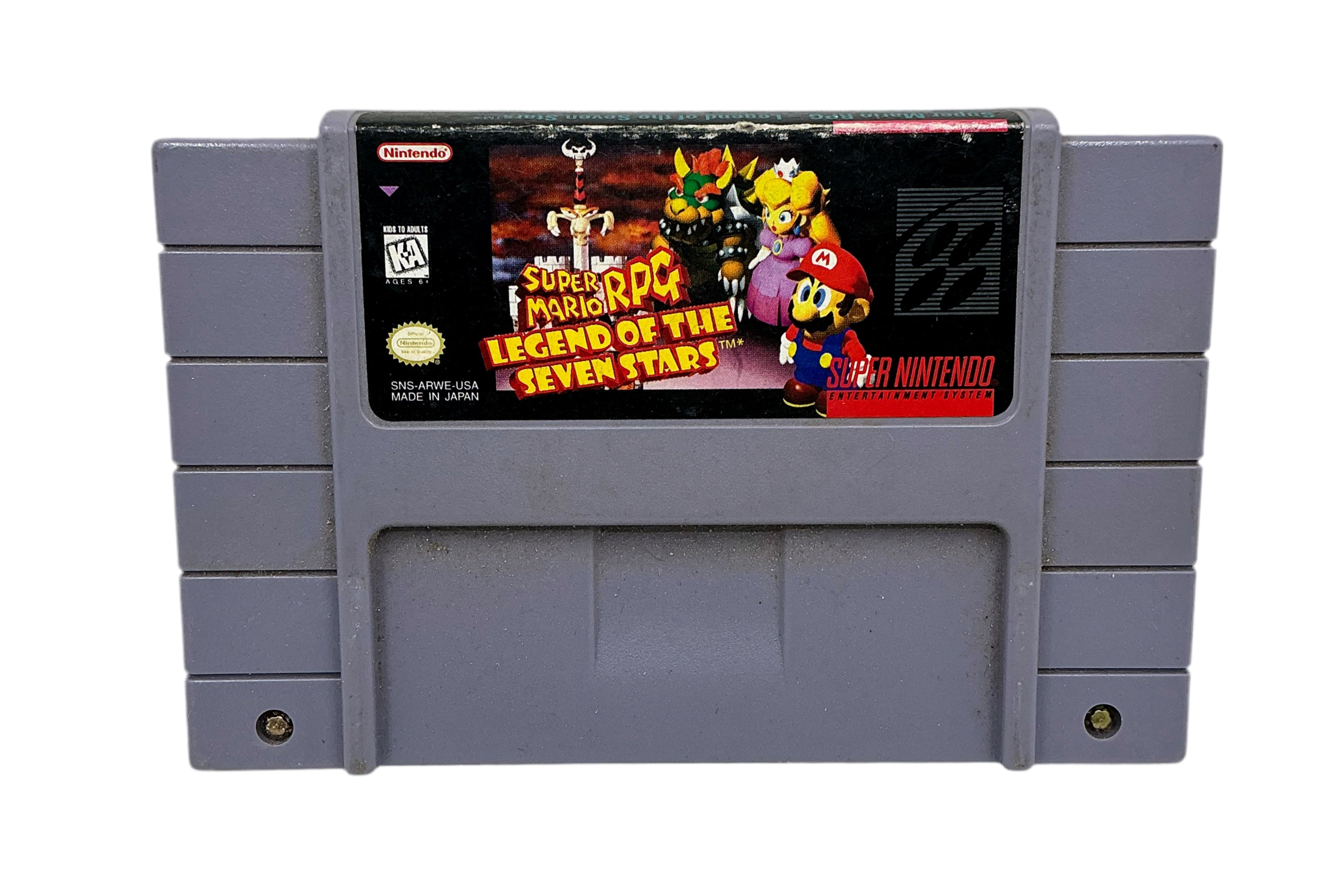 Super Nintendo Entertainment System game cartridge with 'Super Mario RPG: Legend of the Seven Stars' on a white background