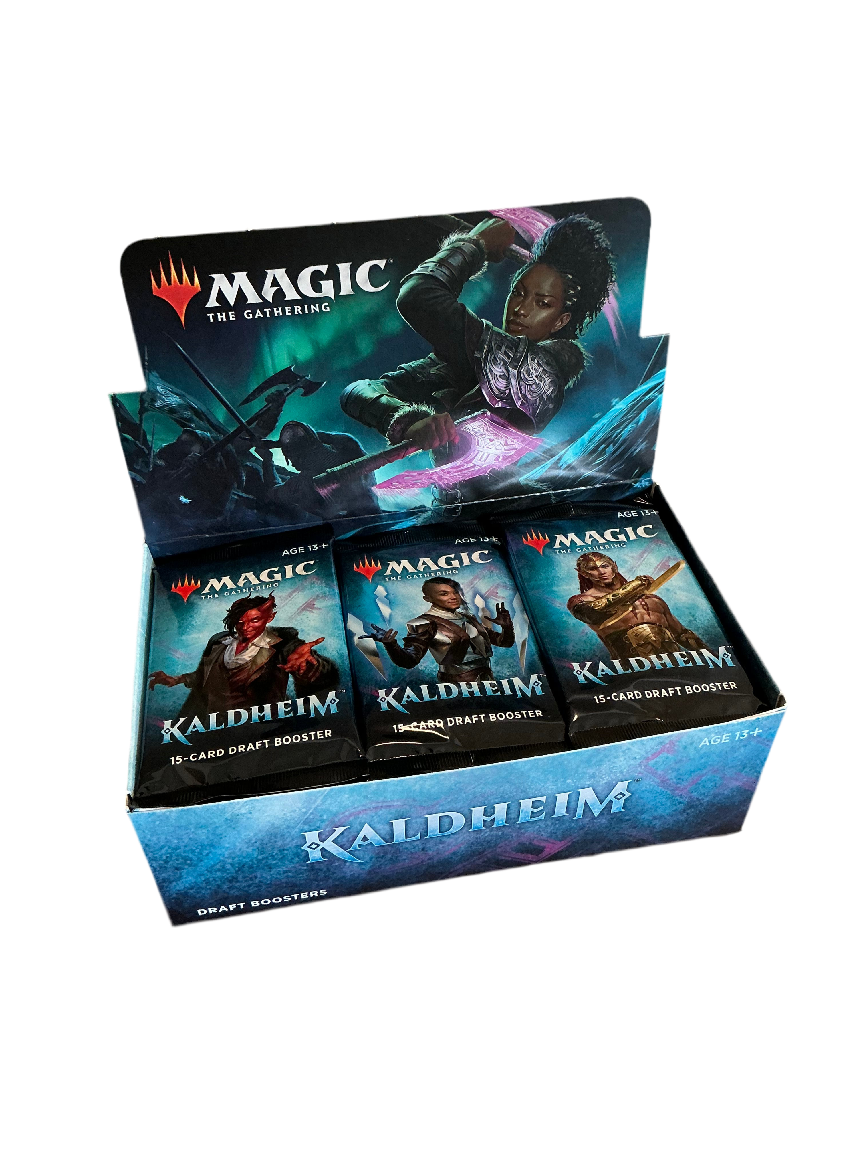 An open, full booster box of Magic the Gathering Kaldheim booster packs.