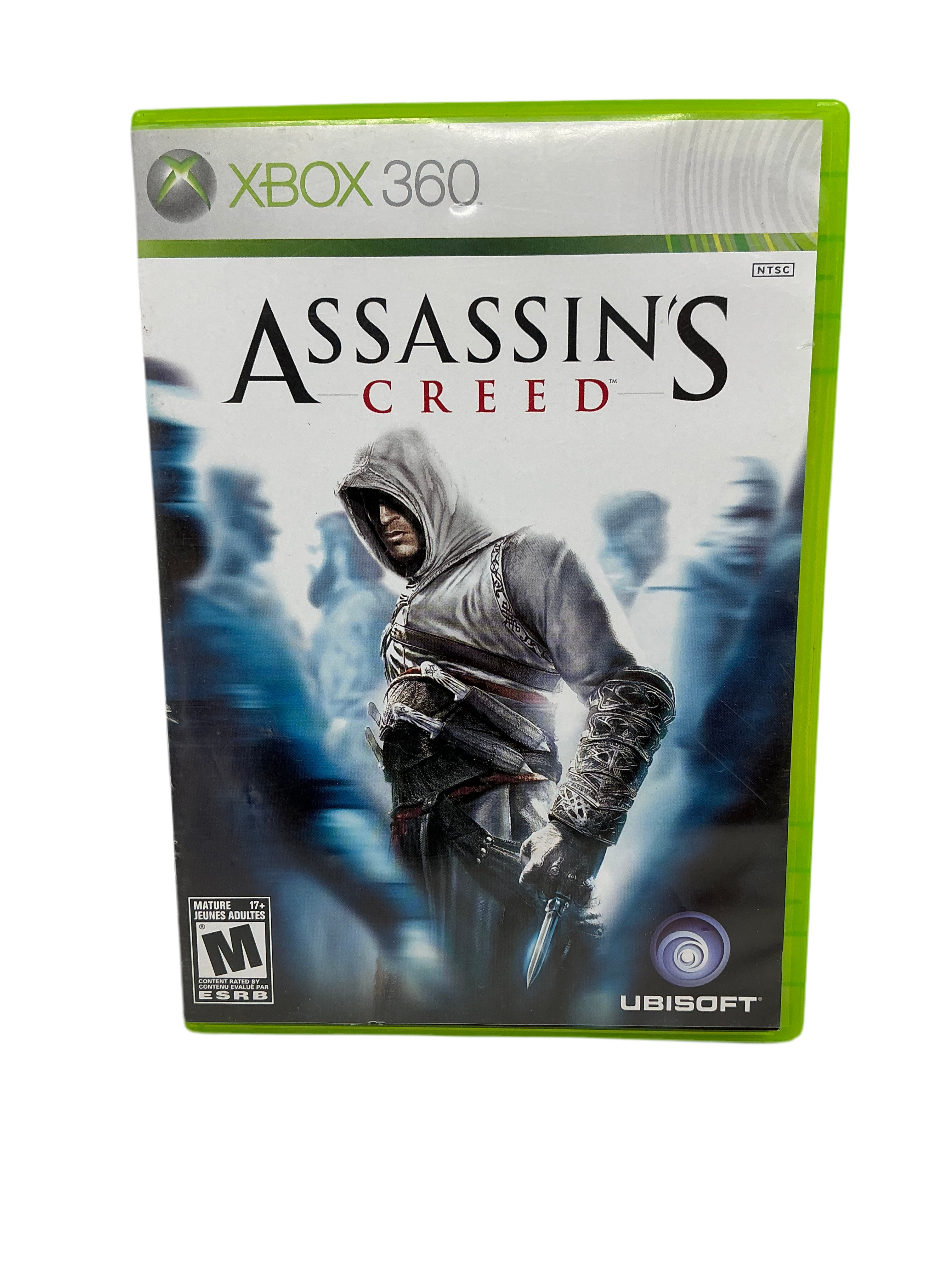 Assassin's Creed game case for Xbox 360 with character in hooded outfit on white background