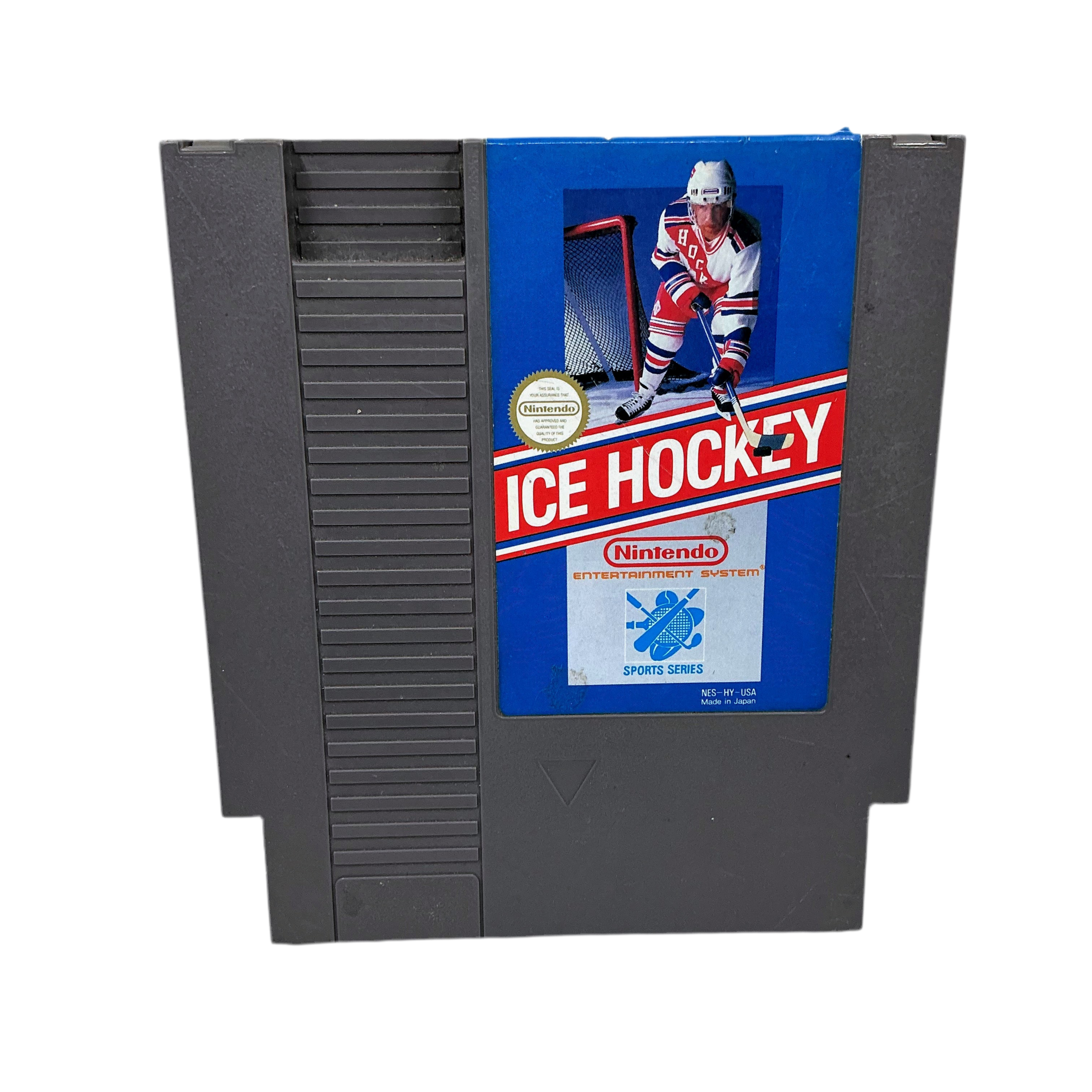 Front of game cartridge for classic Nintendo game Ice Hockey on a transparent background.