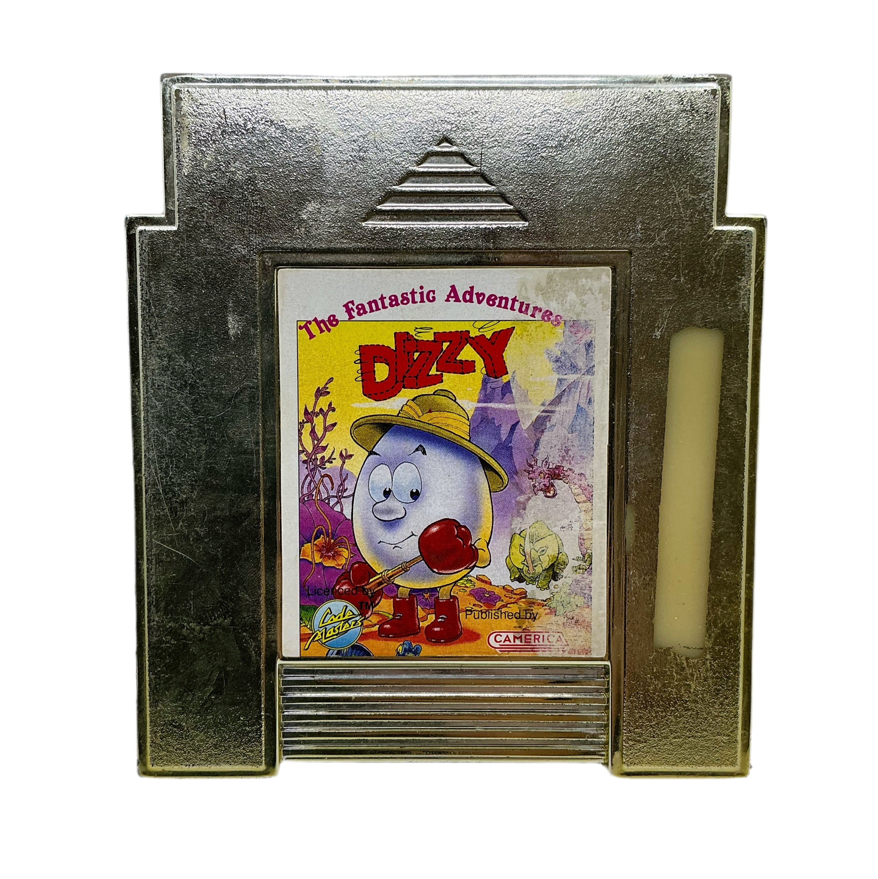 Vintage video game cartridge for 'The Fantastic Adventures of Dizzy' by Camelot on a white background