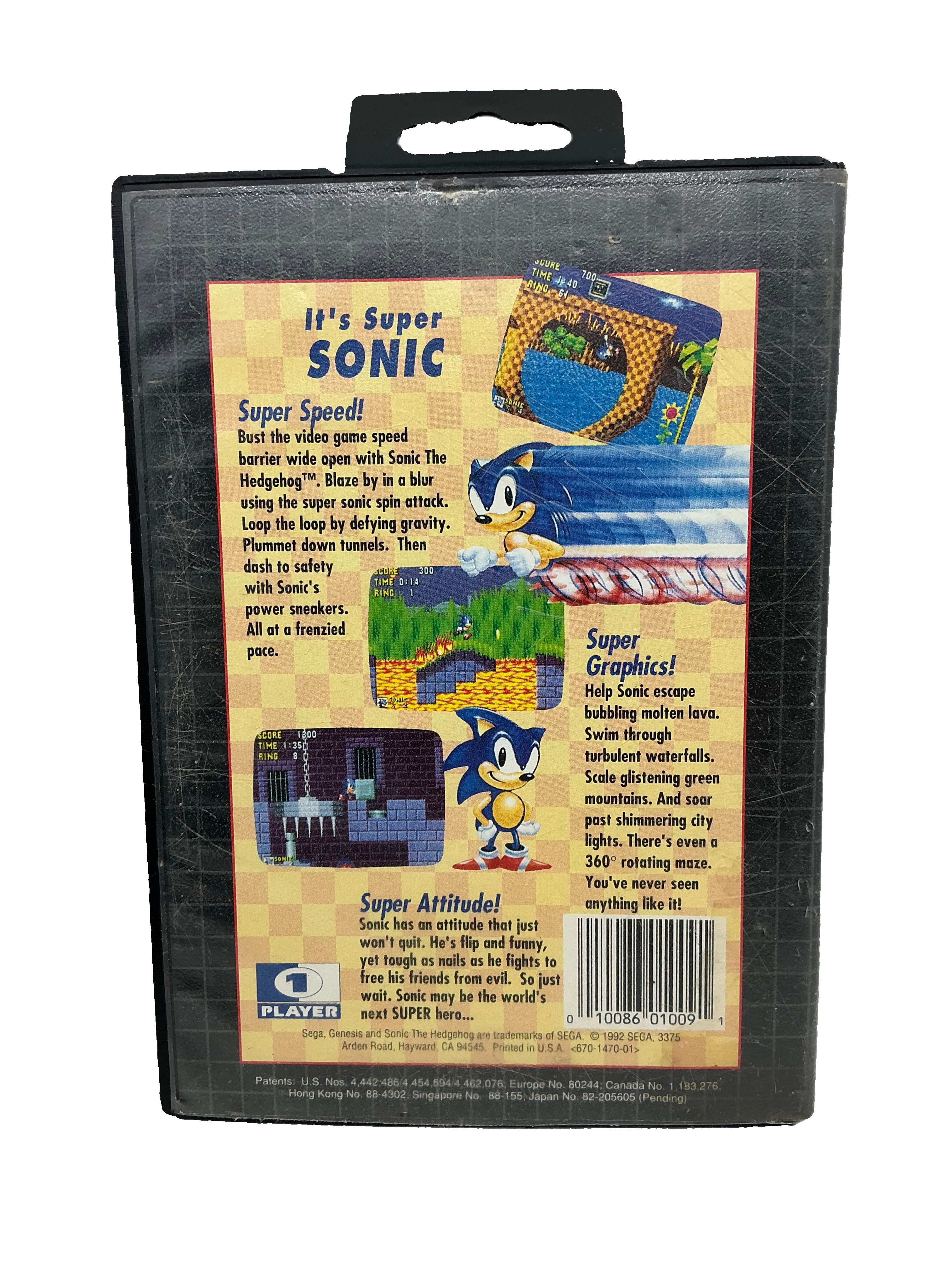 Back of vintage Sonic the Hedgehog game cartridge packaging with graphics and text.