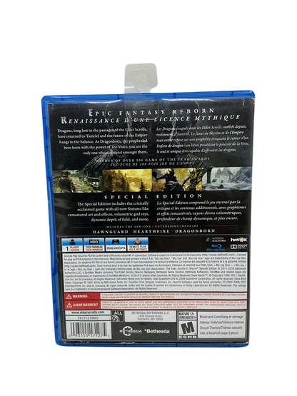 Back cover of Skyrim video game packaging with text and graphics on a transparent background