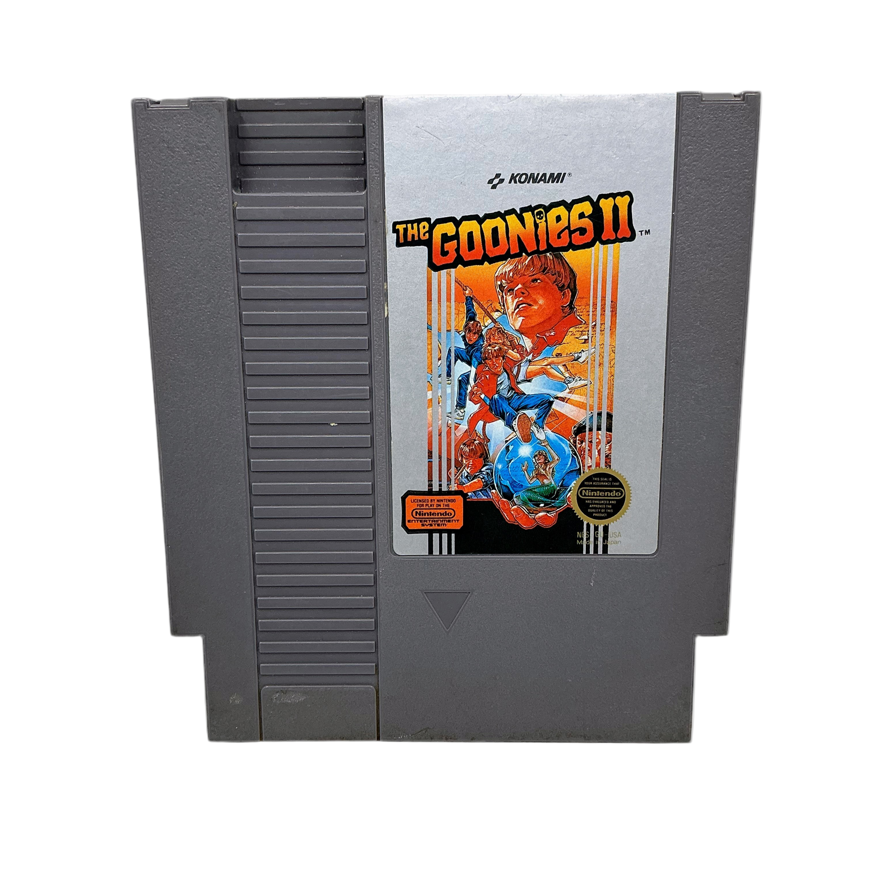 Nintendo Entertainment System game cartridge for 'The Goonies II' with Konami branding.