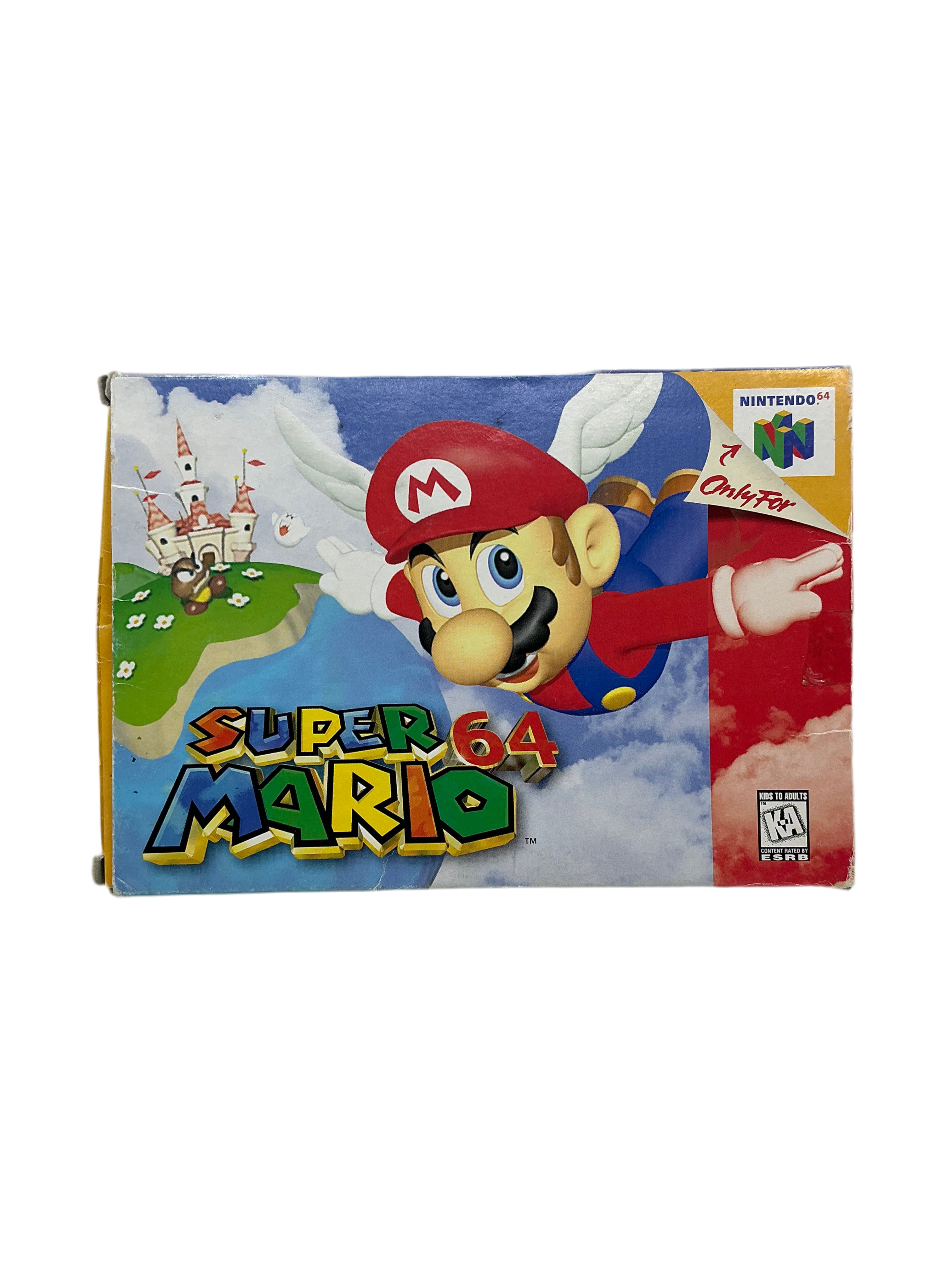 Super Mario 64 game box with character and castle illustration on a white background