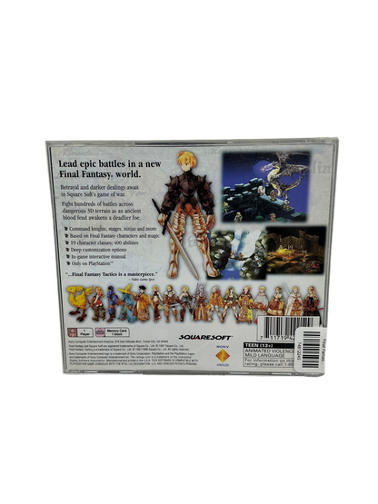Back of Final Fantasy Tactics game case for Playstation on a transparent background.