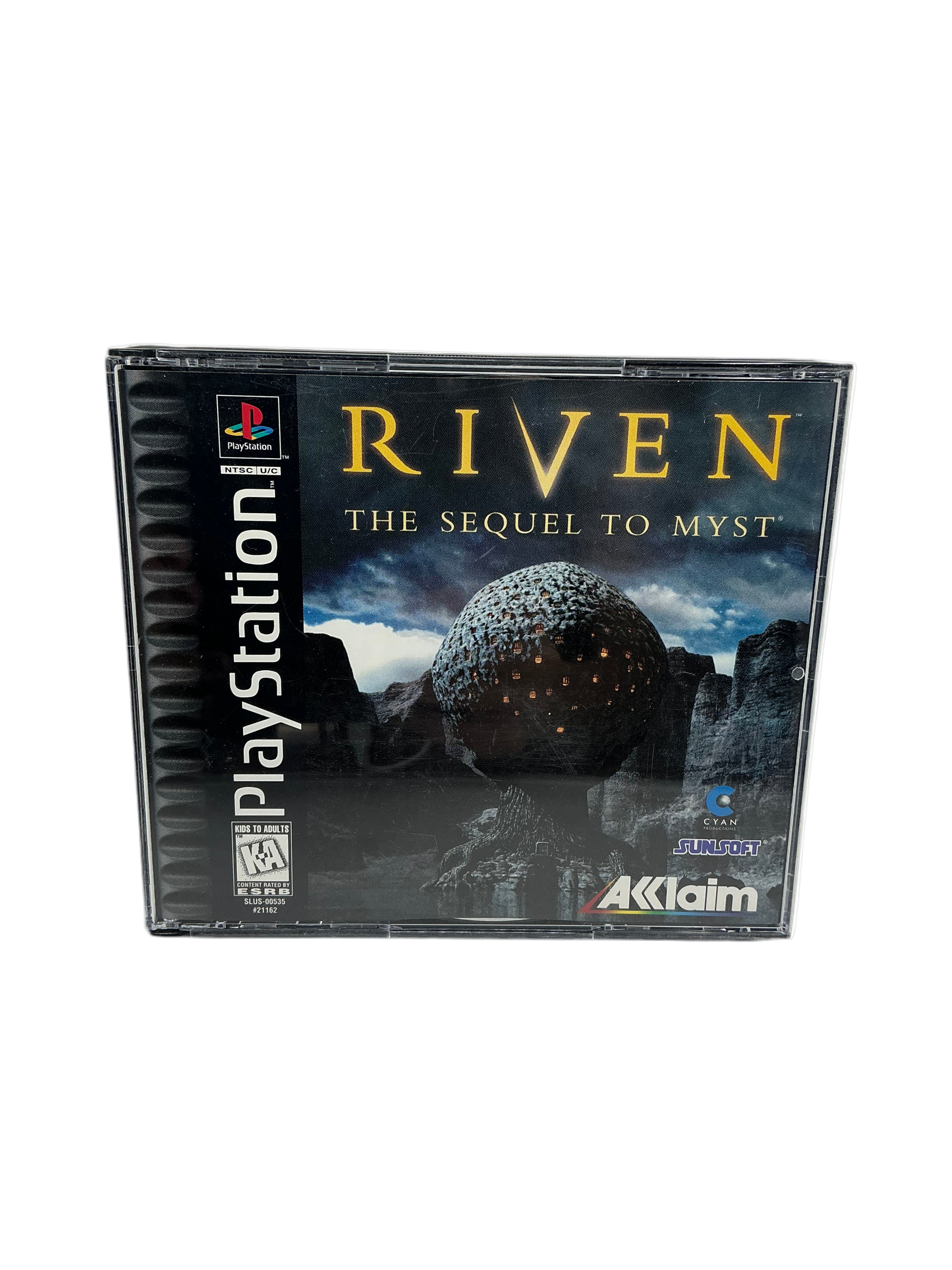 PlayStation game case for 'Riven: The Sequel to Myst' with Aklaim logo