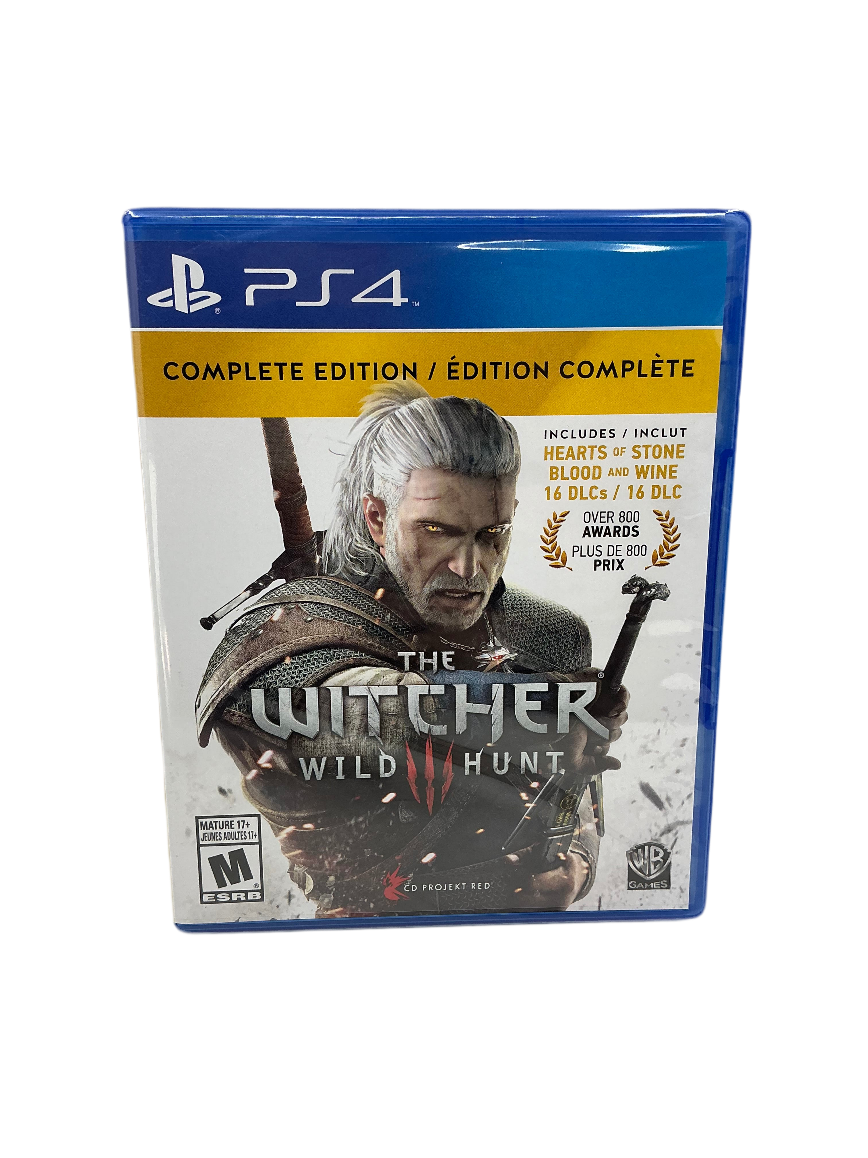 Game box for 'The Witcher 3: Wild Hunt' Complete Edition for PS4 on a white background