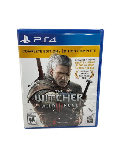Game box for 'The Witcher 3: Wild Hunt' Complete Edition for PS4 on a white background