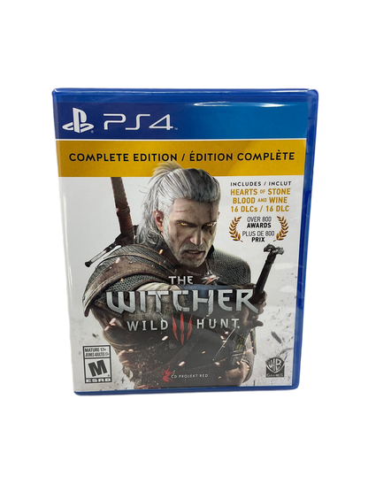 Game box for 'The Witcher 3: Wild Hunt' Complete Edition for PS4 on a white background