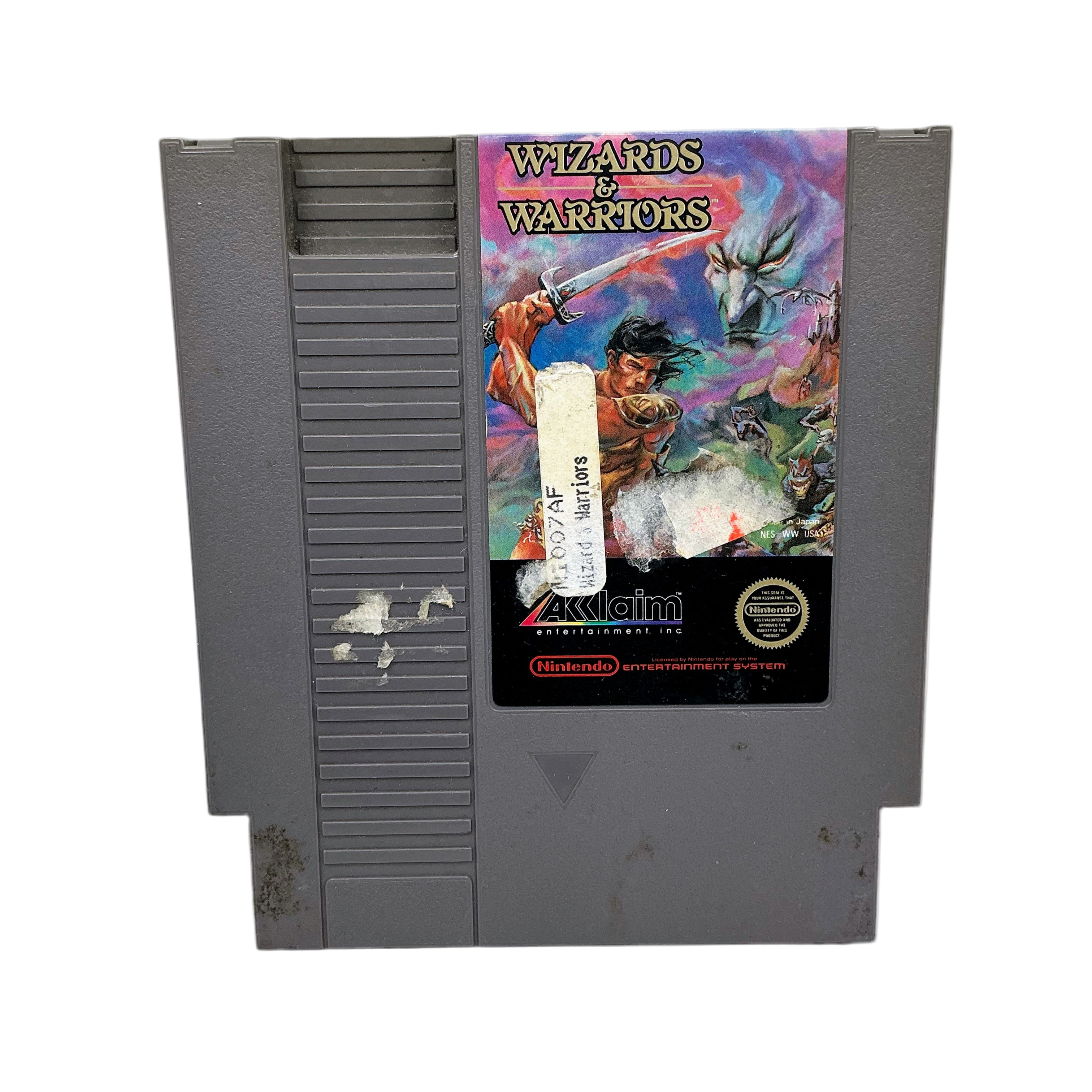 Nintendo Entertainment System game cartridge with 'Wizards & Warriors' packaging on a white background