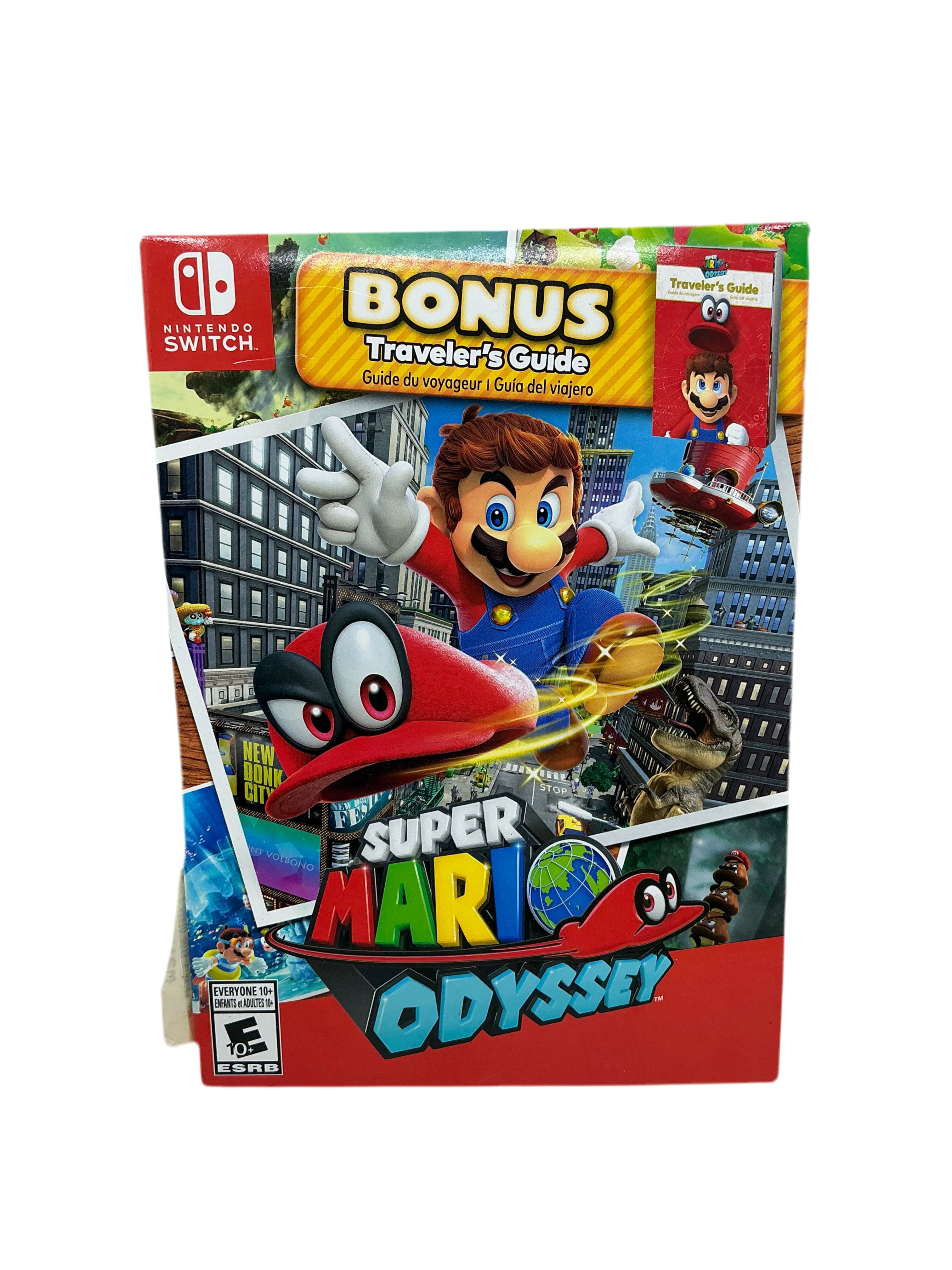 Cardboard game box for Super Mario Odyssey featuring titular character and cartoon hat.