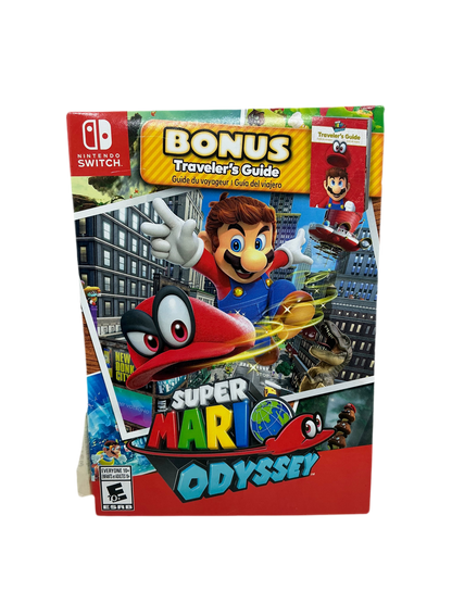 Cardboard game box for Super Mario Odyssey featuring titular character and cartoon hat.
