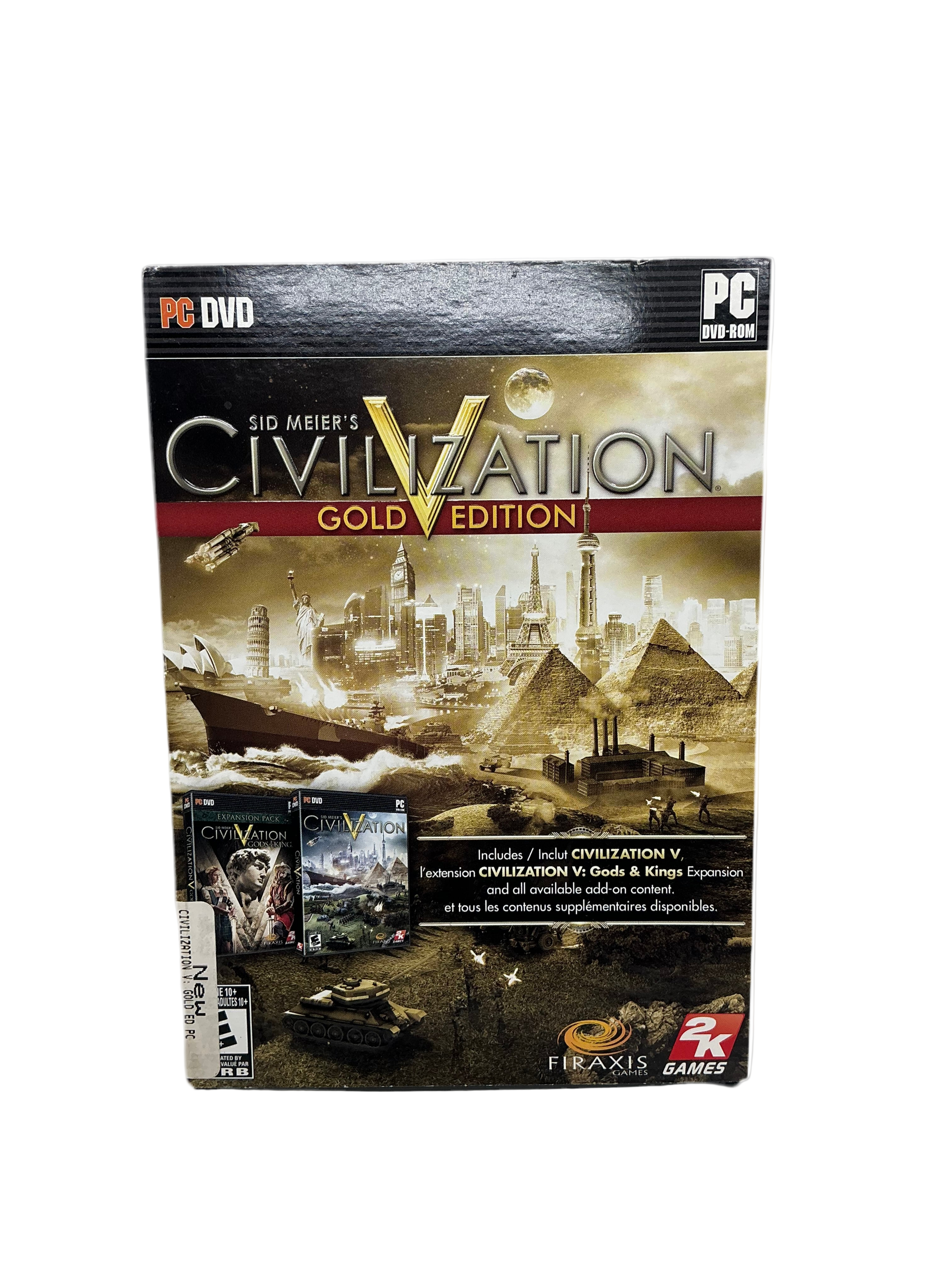 Civilization V Gold Edition PC DVD packaging with cityscape and pyramid design.