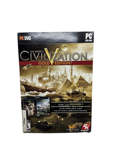 Civilization V Gold Edition PC DVD packaging with cityscape and pyramid design.