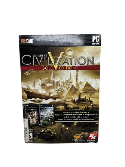 Civilization V Gold Edition PC DVD packaging with cityscape and pyramid design.