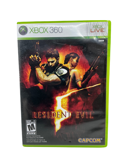 Xbox 360 game case for 'Resident Evil 5' with characters on the cover