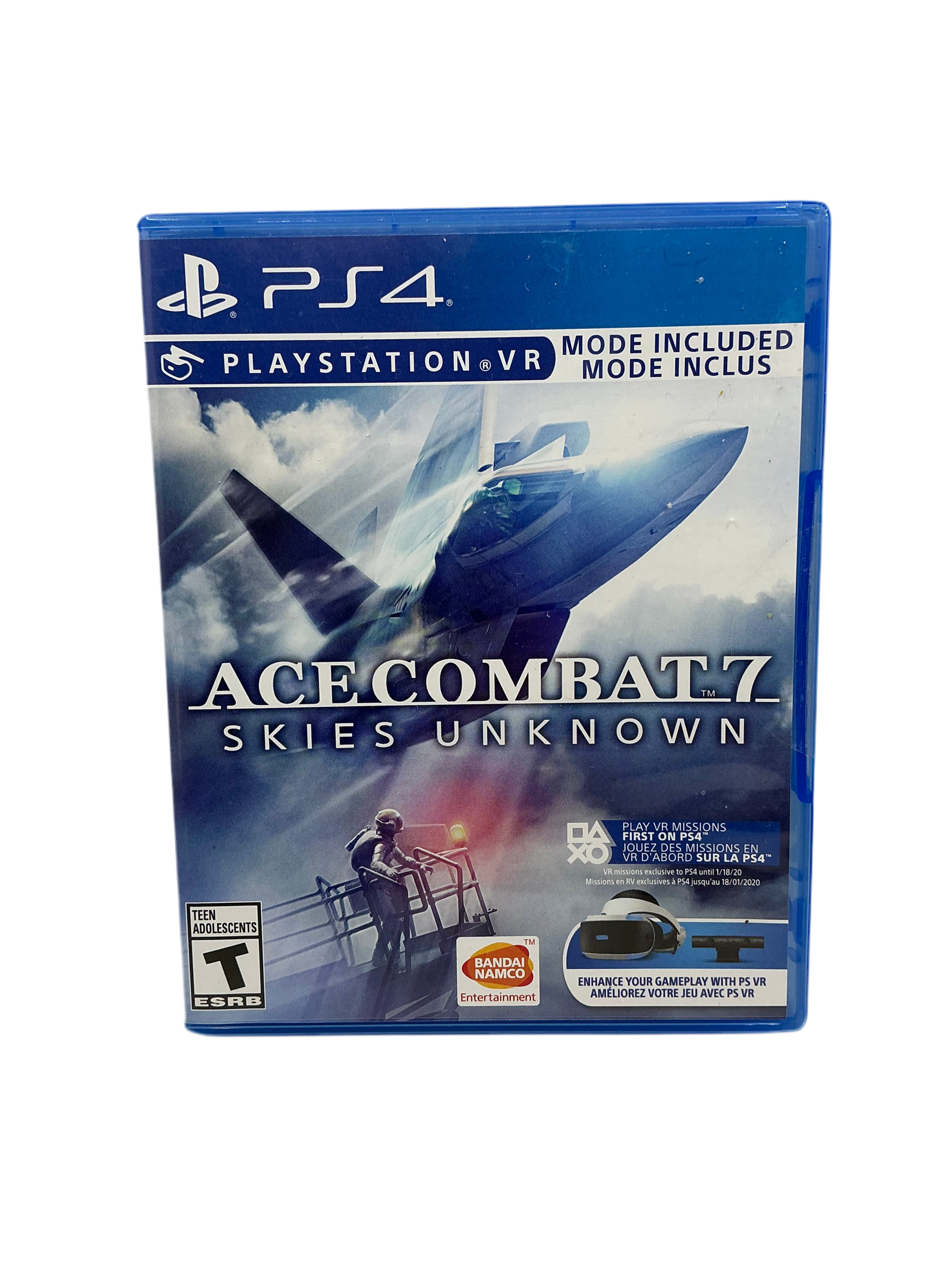 PS4 game case for 'Ace Combat 7: Skies Unknown' with airplane illustration on blue background