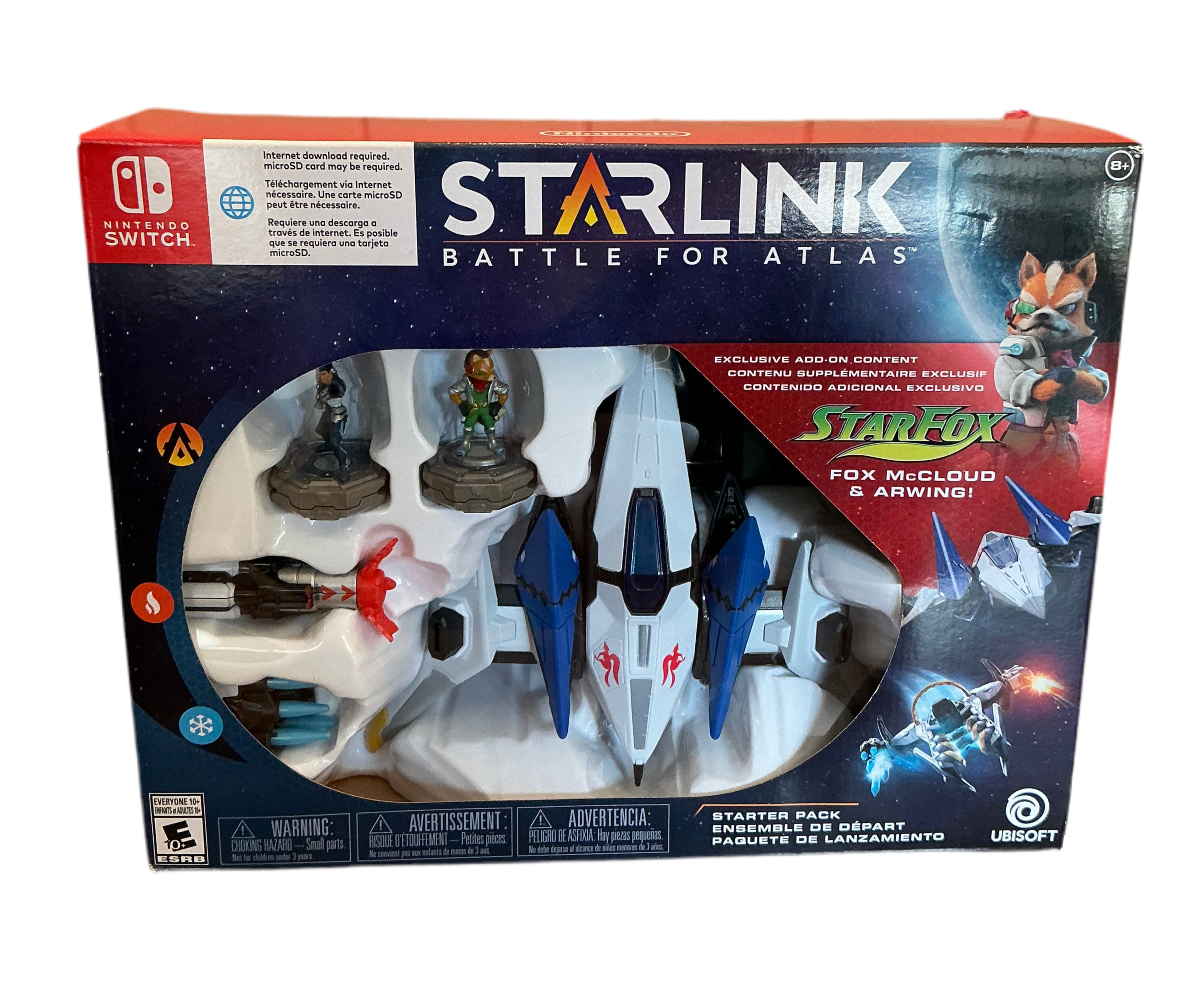 Front of box containing Starfox’s ship Arwing and small figurines in a set titled Starlink: Battle for Atlas.