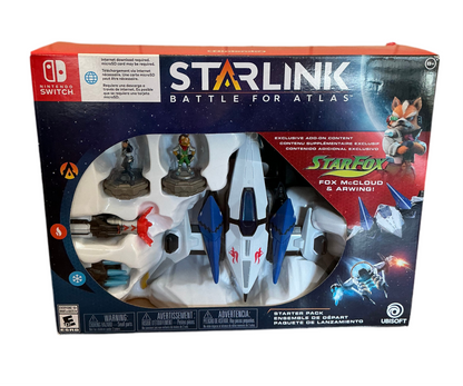 Front of box containing Starfox’s ship Arwing and small figurines in a set titled Starlink: Battle for Atlas.