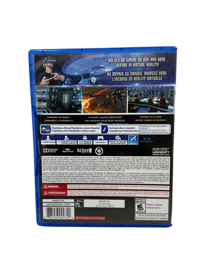 Back of Star Trek Bridge Crew game case with blue border and text on a white background